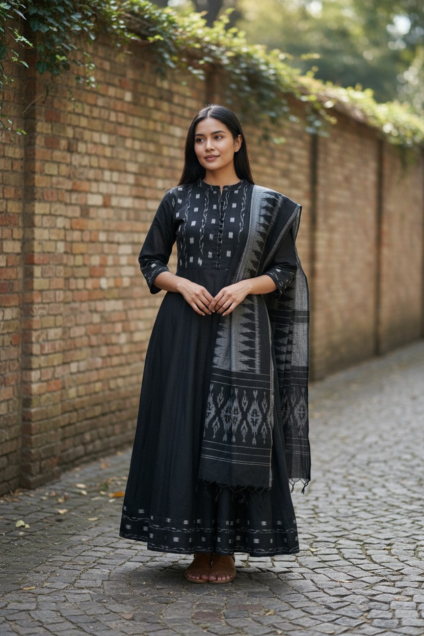 Handloom Black Anarkali Kurta & Dupatta Set