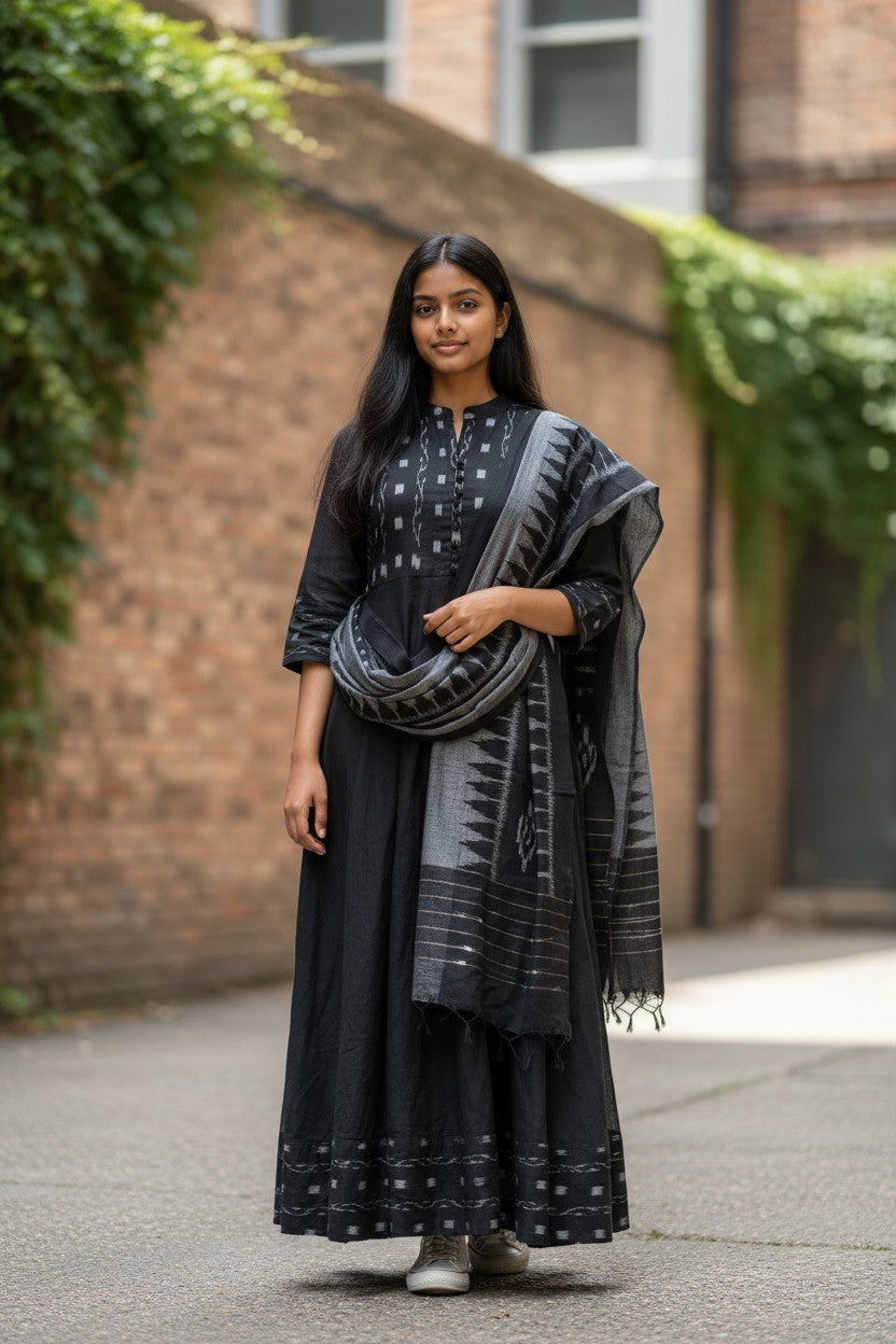 Handloom Black Anarkali Kurta & Dupatta Set