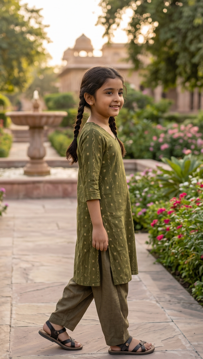 Handloom Mehendi Girl Kurta Set