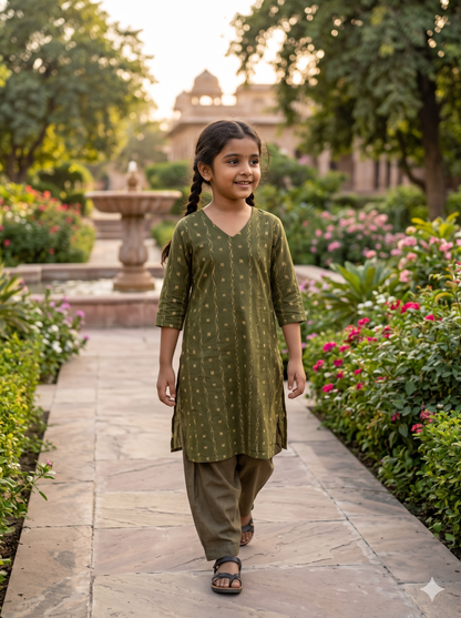 Handloom Mehendi Girl Kurta Set