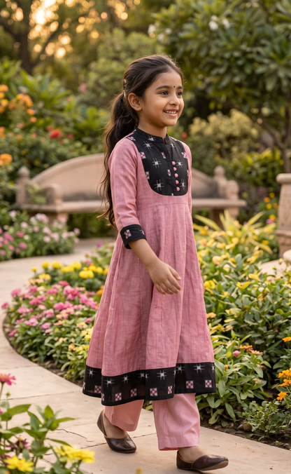 Handloom Pink Girls Anarkali Set