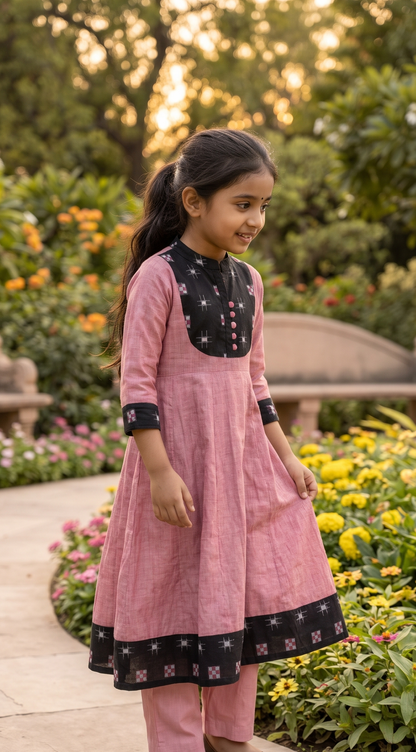 Handloom Pink Girls Anarkali Set