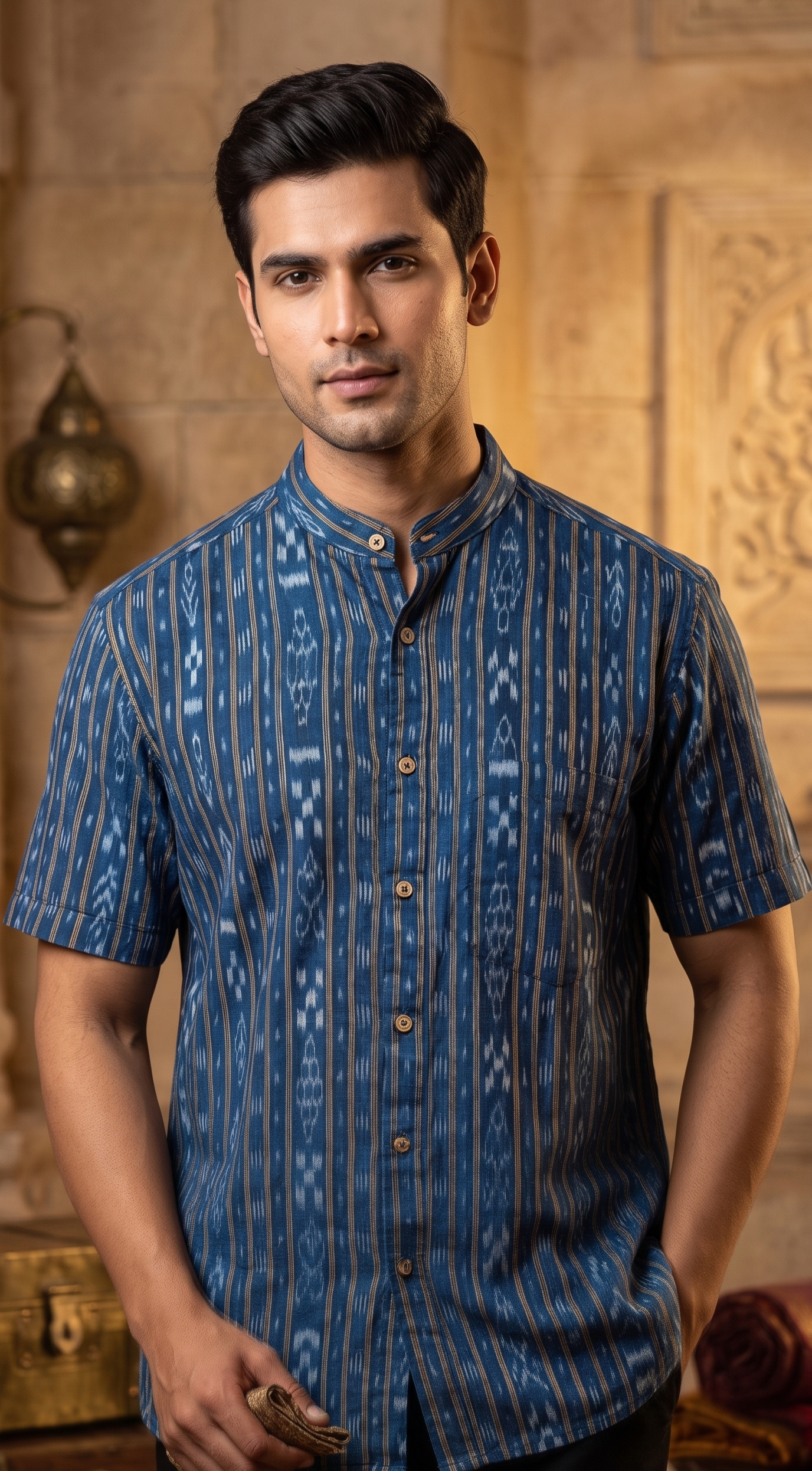 Handloom Blue Men's Half Shirt