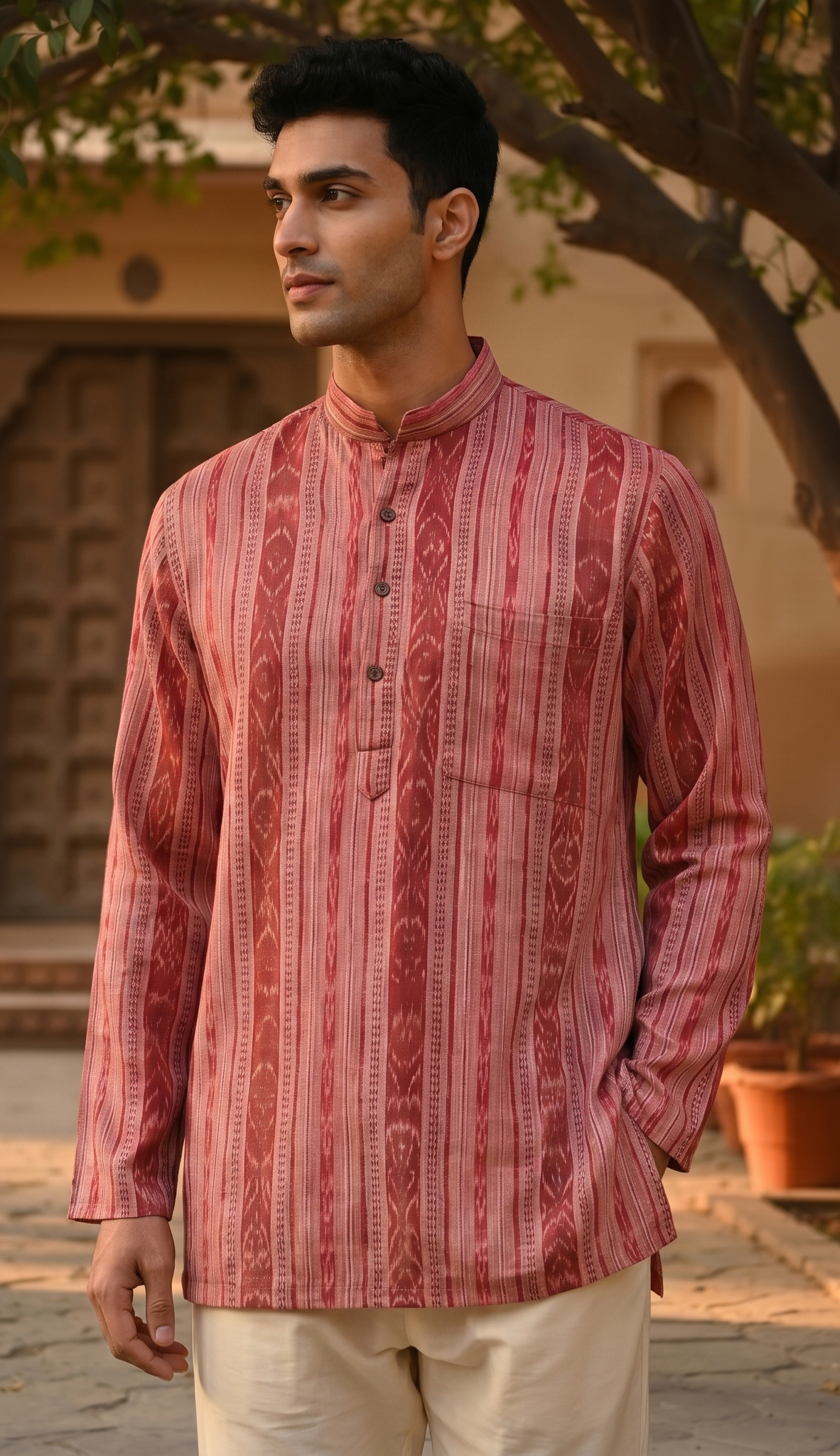 Mens Pink Maroon Short Kurta