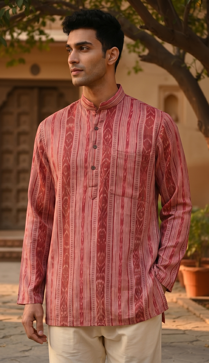 Mens Pink Maroon Short Kurta