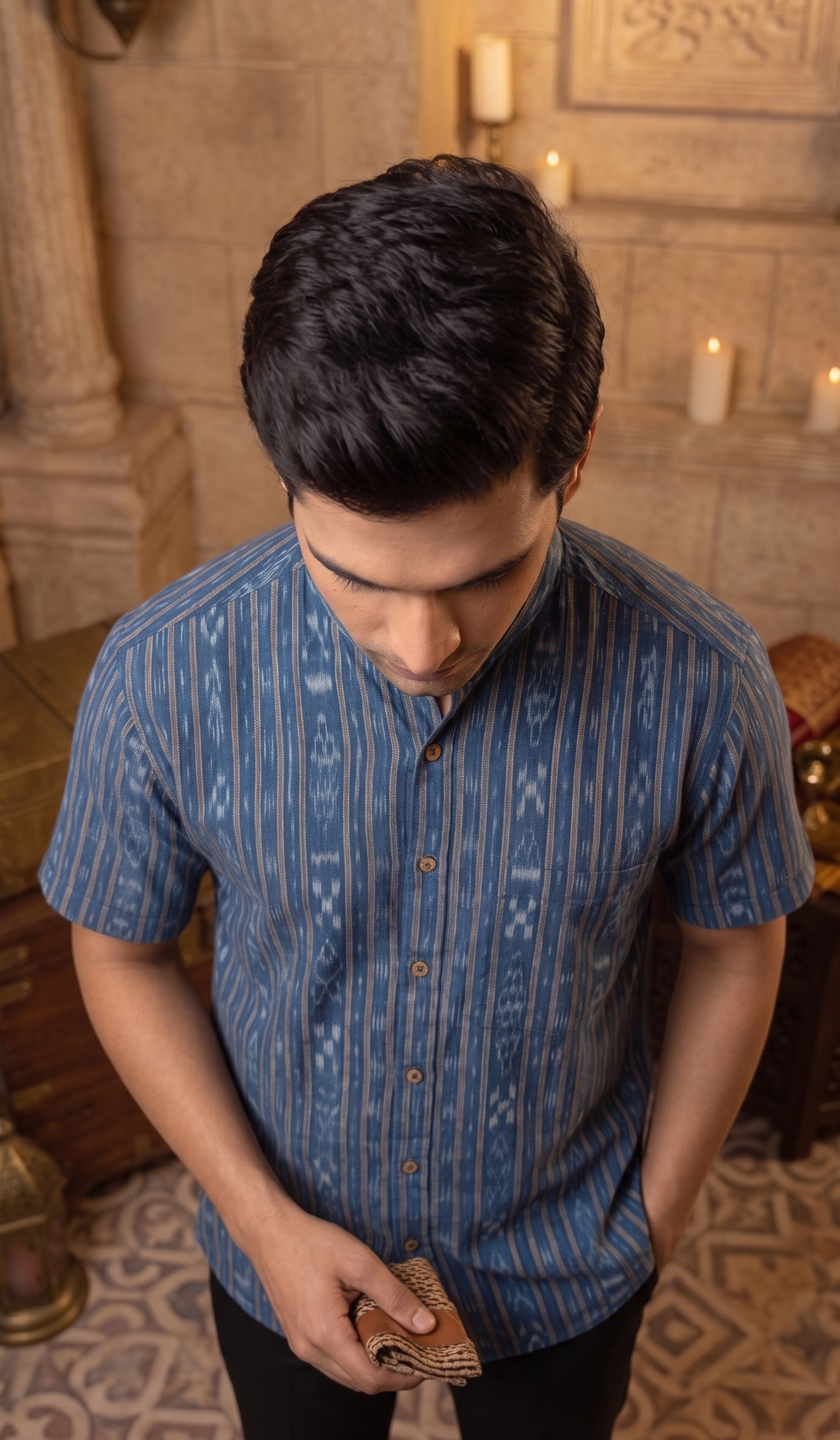 Handloom Blue Men's Half Shirt