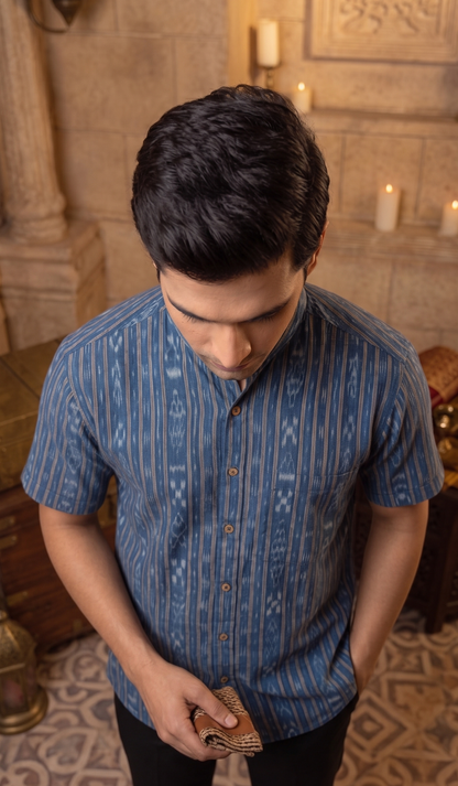 Handloom Blue Men's Half Shirt