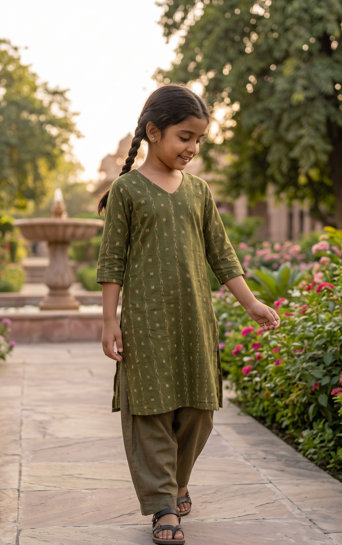 Handloom Mehendi Girl Kurta Set