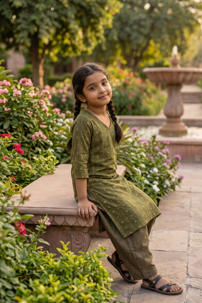 Handloom Mehendi Girl Kurta Set
