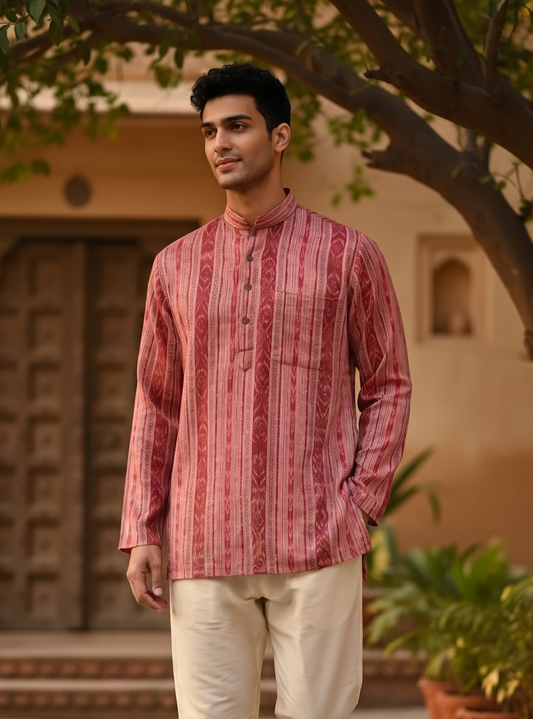 Mens Pink Maroon Short Kurta