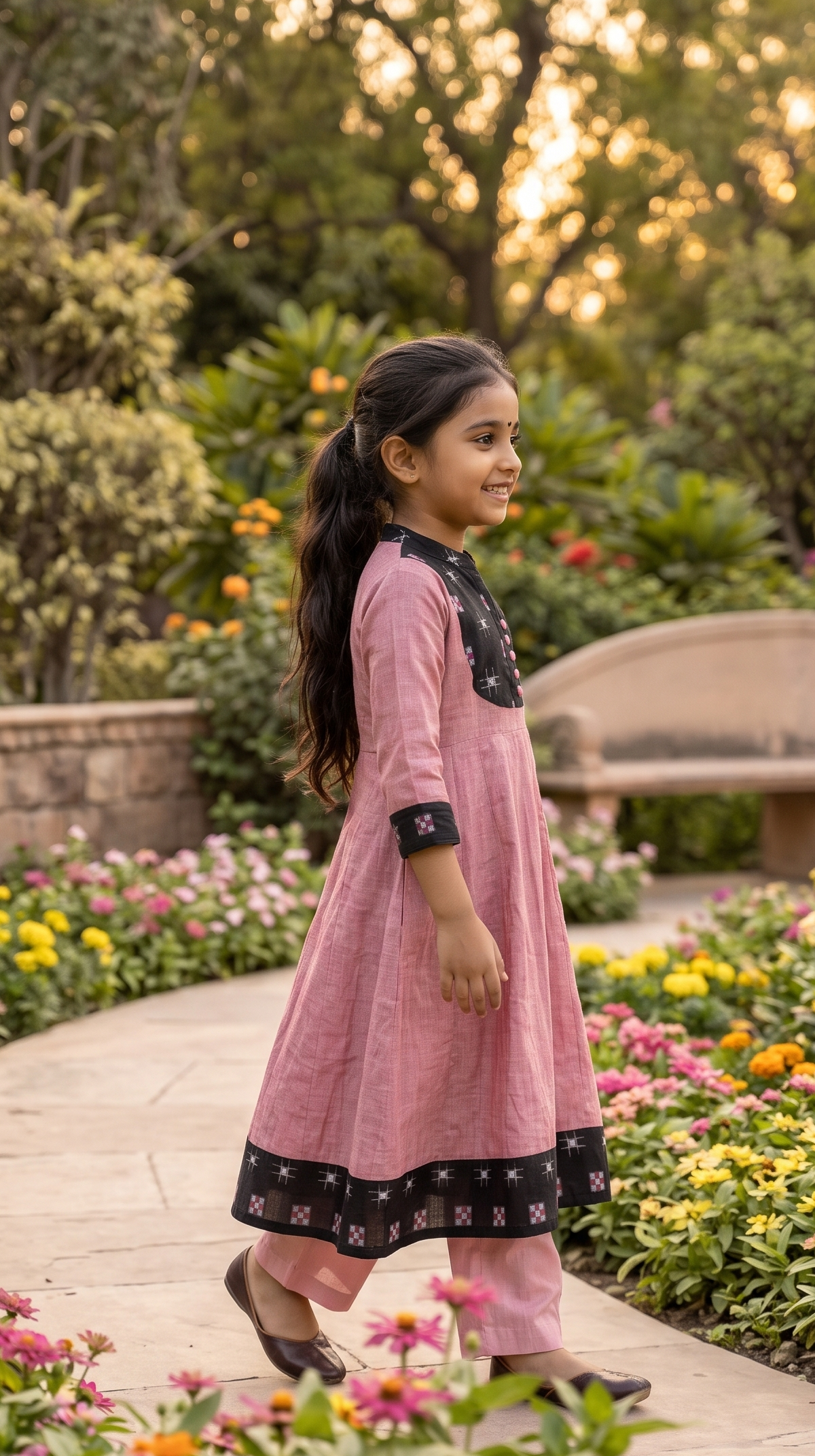 Handloom Pink Girls Anarkali Set