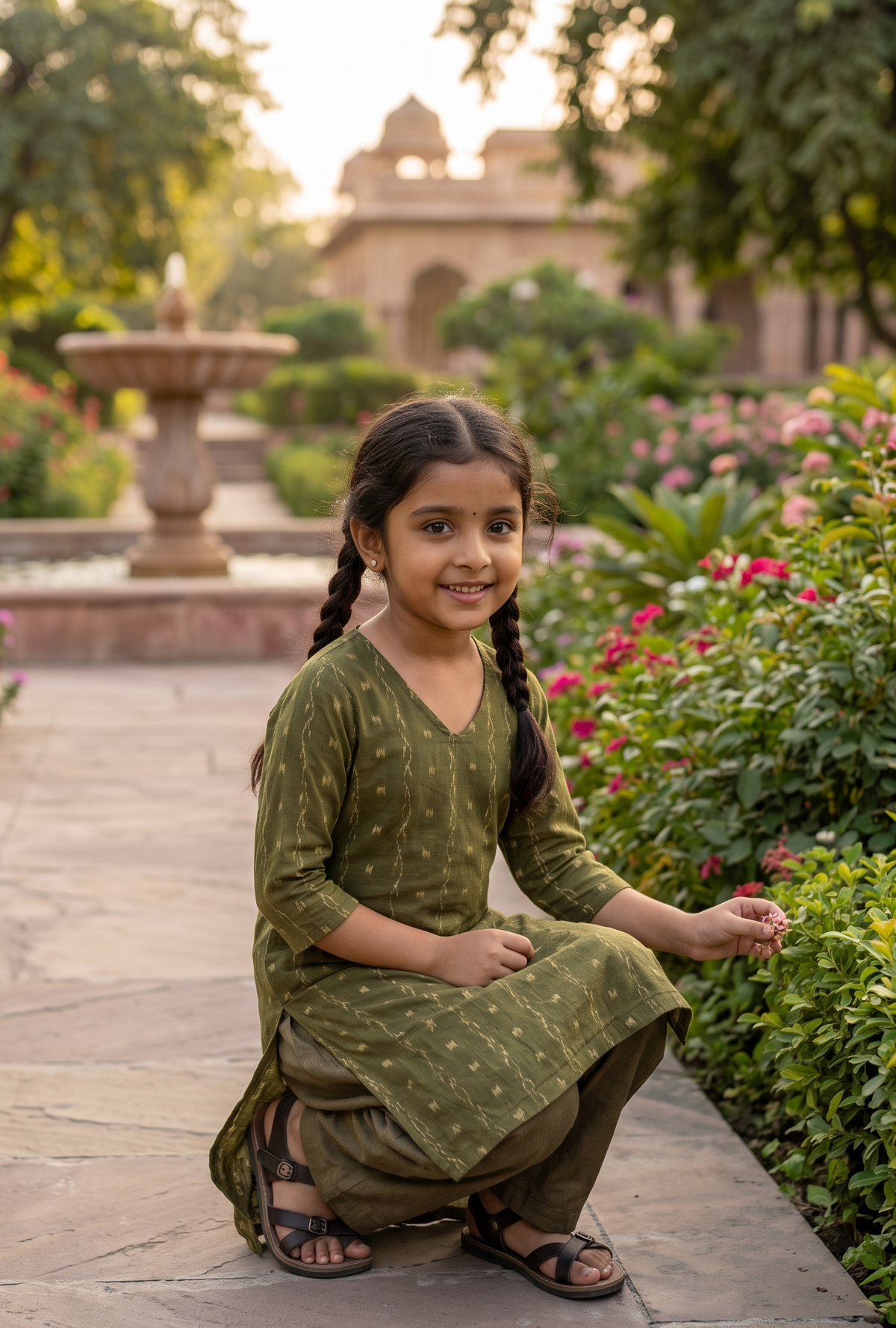 Handloom Mehendi Girl Kurta Set