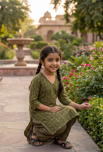 Handloom Mehendi Girl Kurta Set