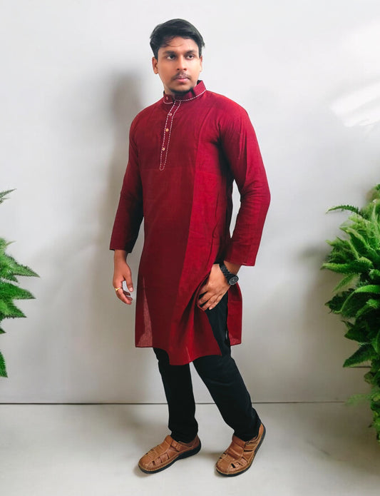 Cotton Marron Hand Stich Kurta