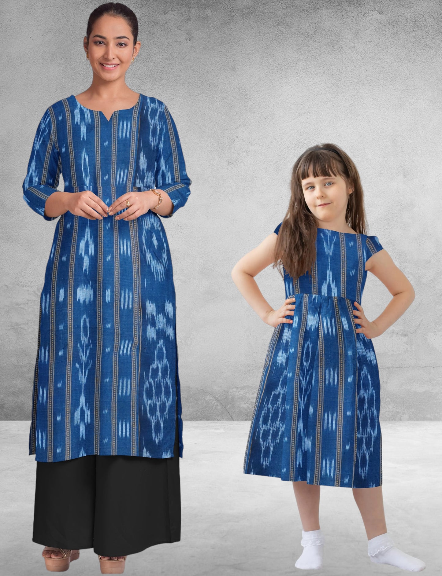 Ikkat Blue Mother & Daughter Twwinning Dress