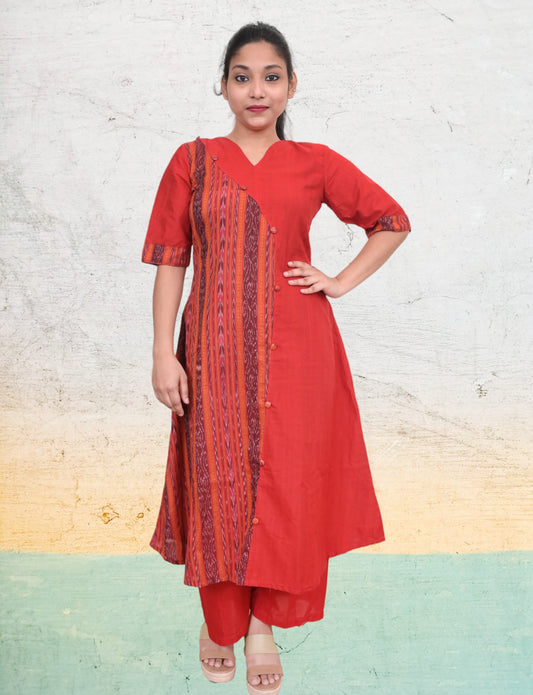 Cotton Women Red Kurta & Plazzo Set