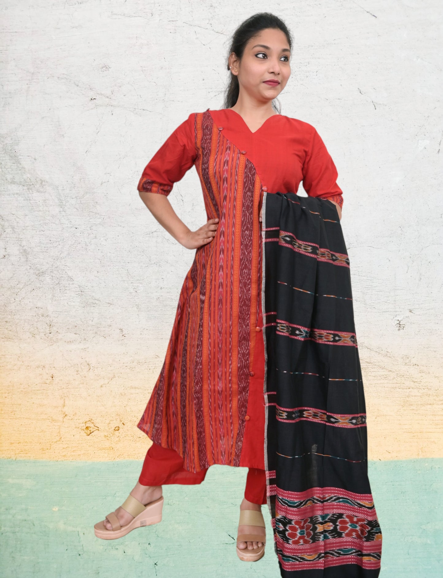 Cotton Women Red Kurta & Plazzo Set