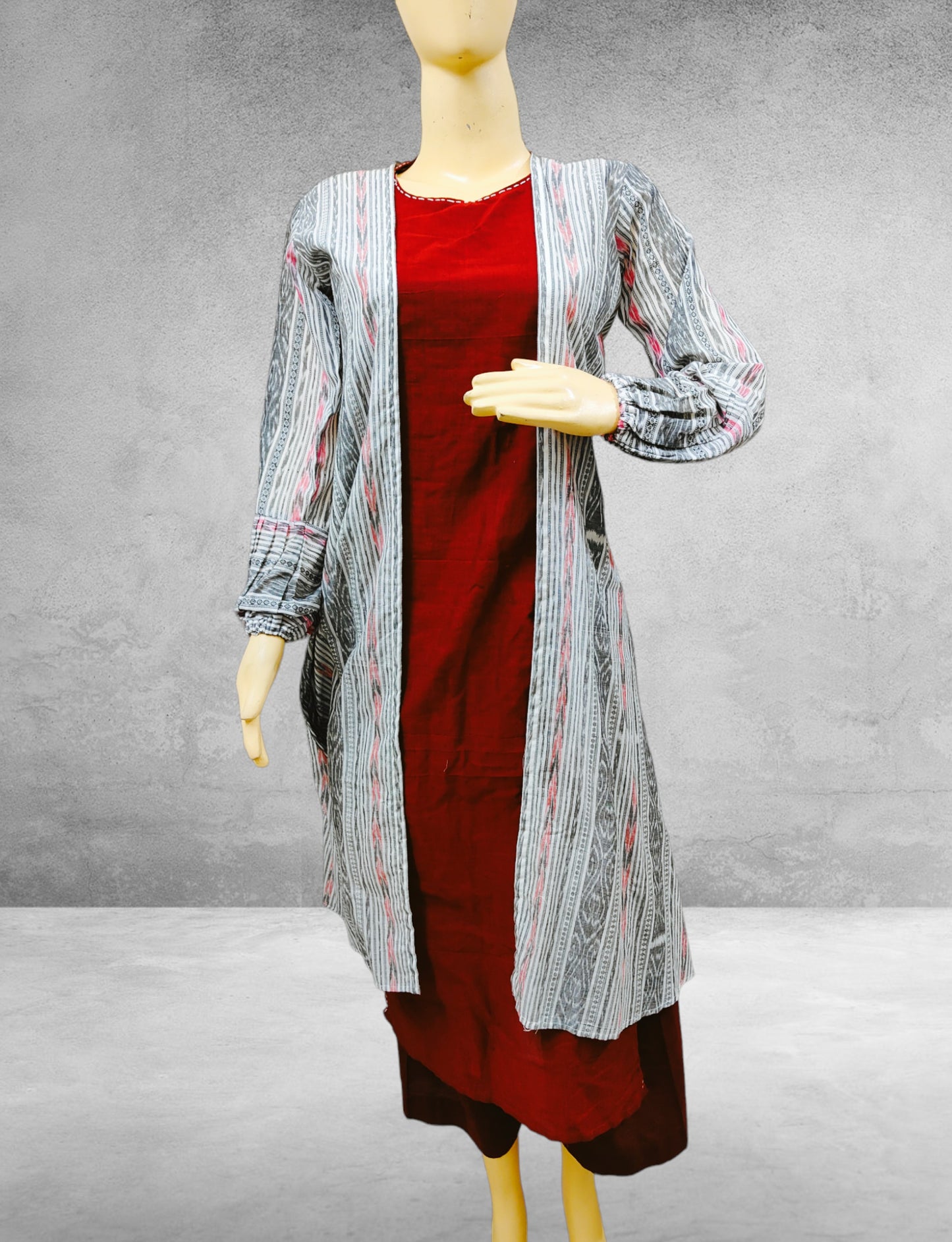 Handloom Maroon Shrug Kurta & Pant Set