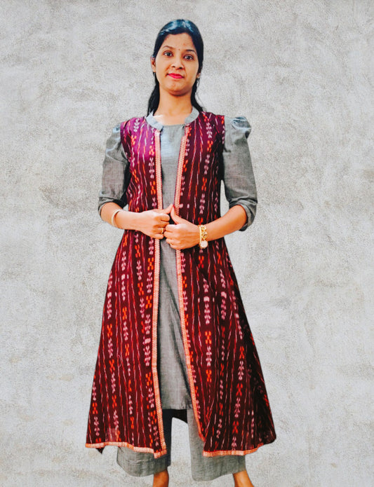 Cotton Maroon nd Grey Kurta Shrug Sets