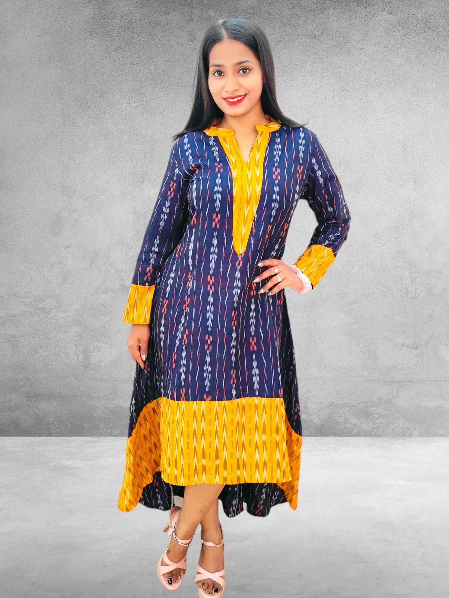 Handloom Pure Cotton Ikkat High-Low Kurta