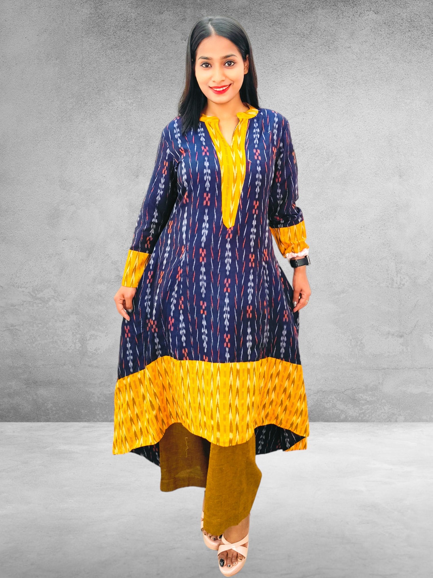 Handloom Pure Cotton Ikkat High-Low Kurta