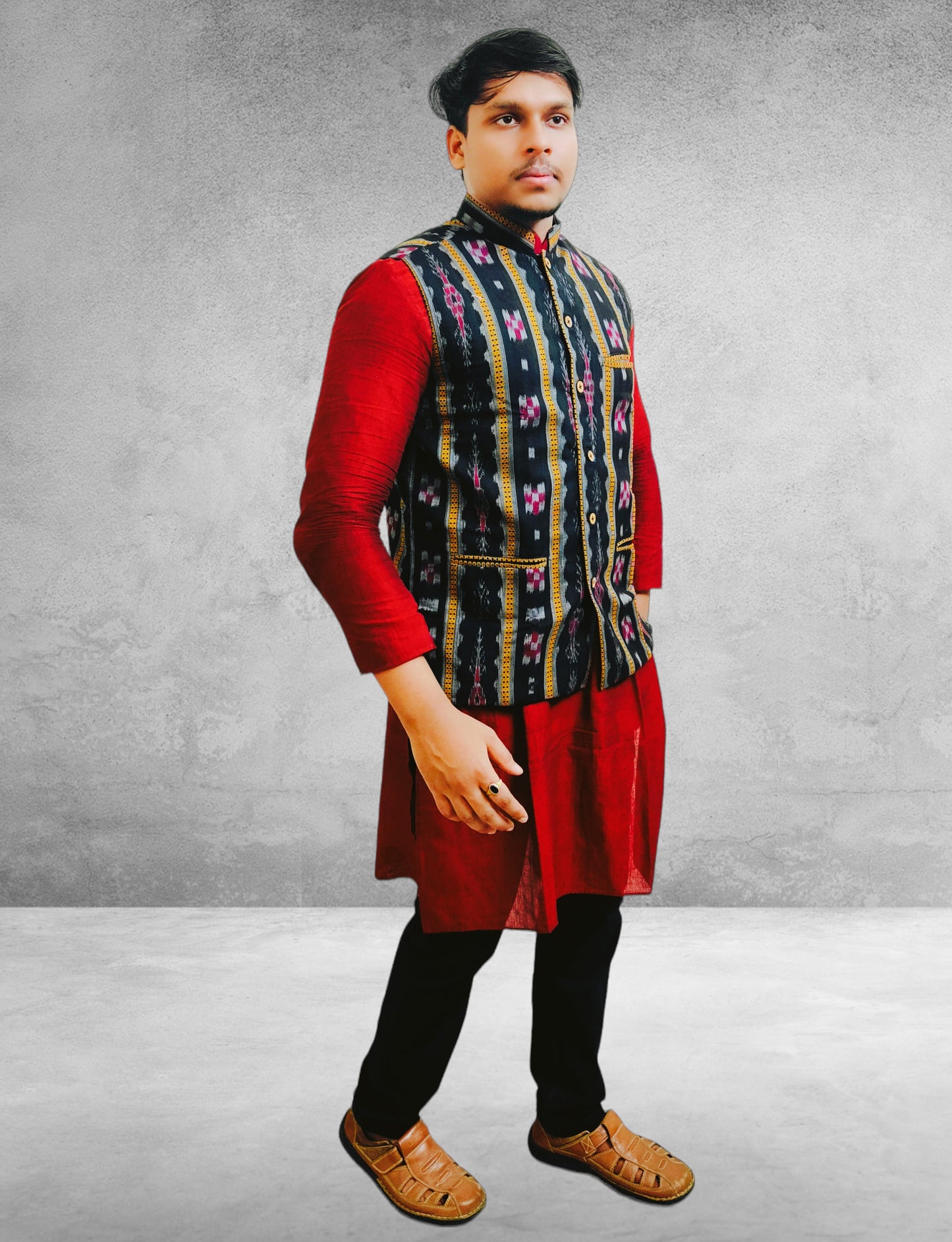 Cotton Mens Marron Kurta & Black Modi Jacket