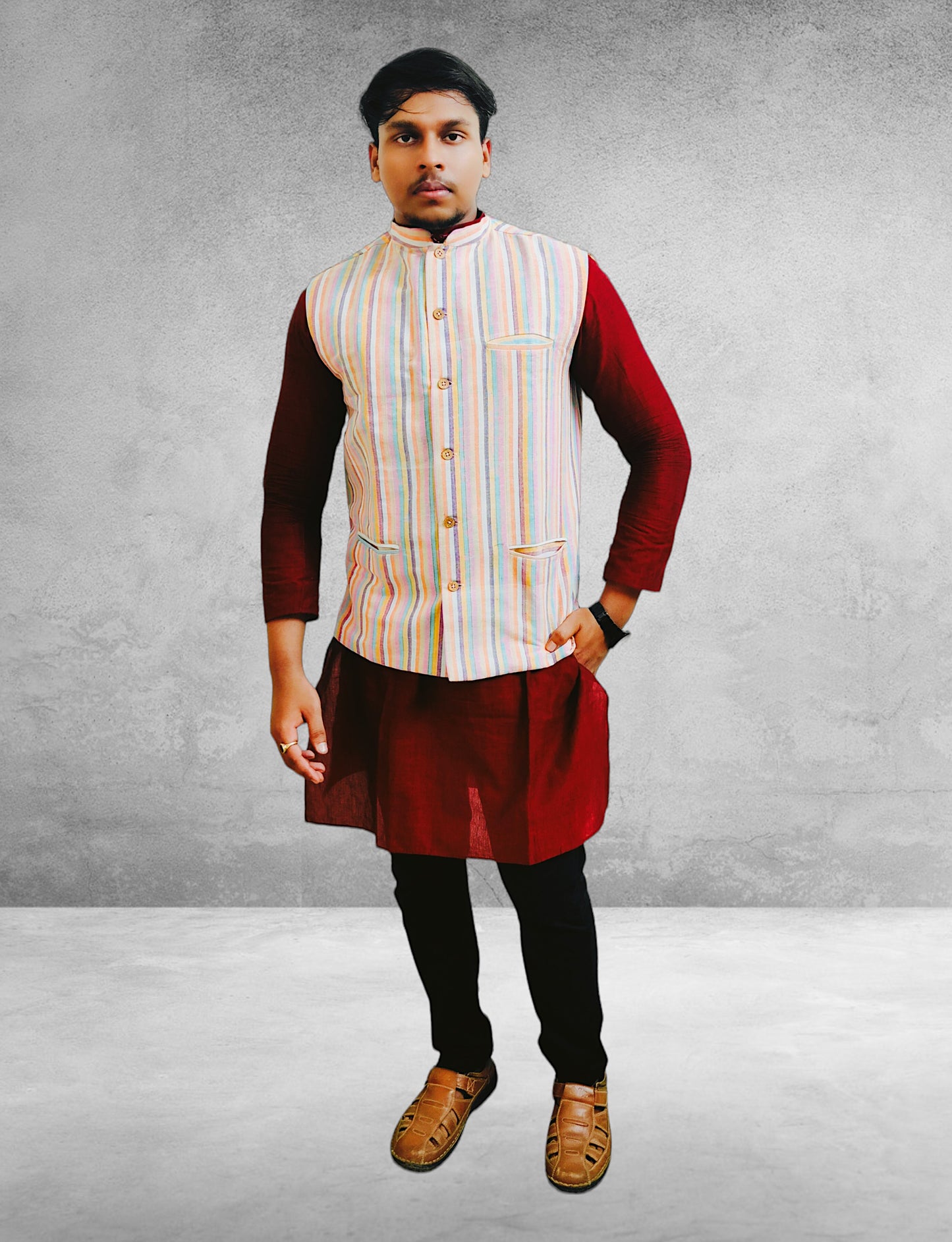 Cotton Marron Kurta & Multi Thead Jacket