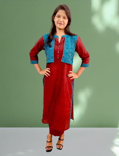 Handloom Maroon Stright Cut Kurta Set