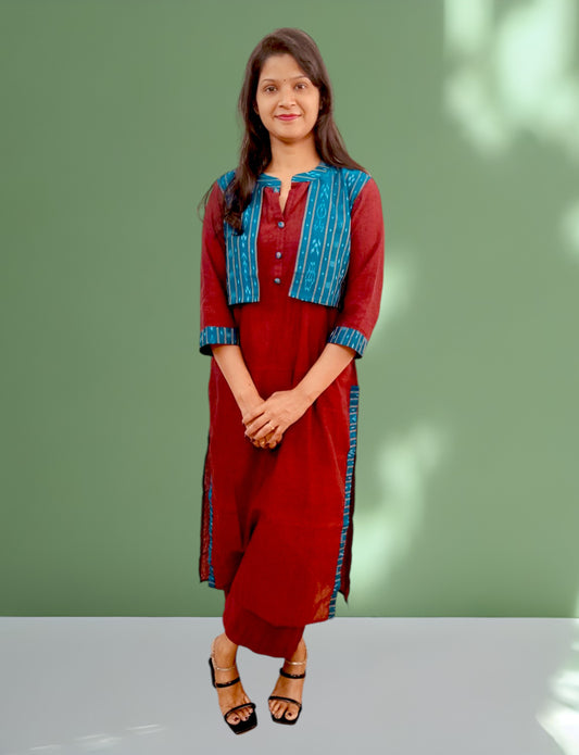 Handloom Maroon Stright Cut Kurta Set