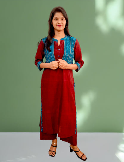 Handloom Maroon Stright Cut Kurta Set