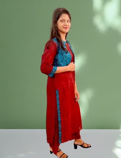 Handloom Maroon Stright Cut Kurta Set