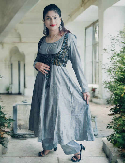 Cotton Grey Anarkali Kurta & Short Jacket Kurta Set