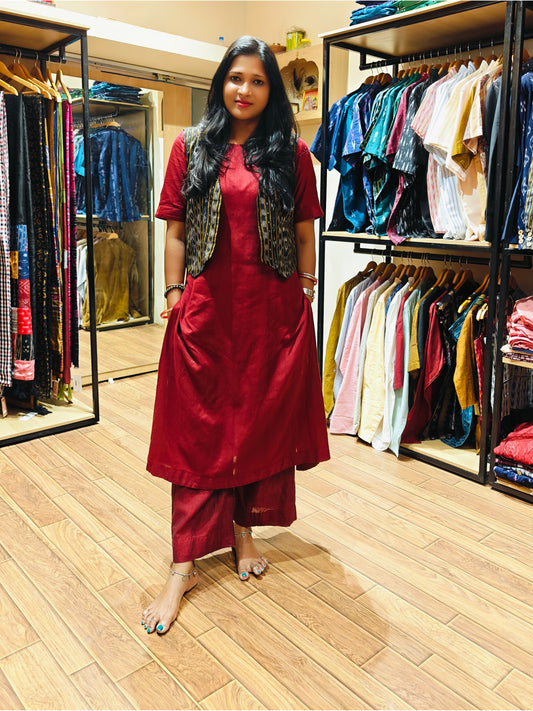 Handloom Maroon Kurta & Jacket Set