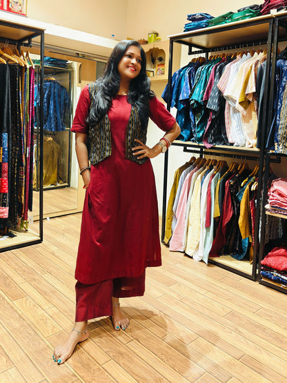 Handloom Maroon Kurta & Jacket Set