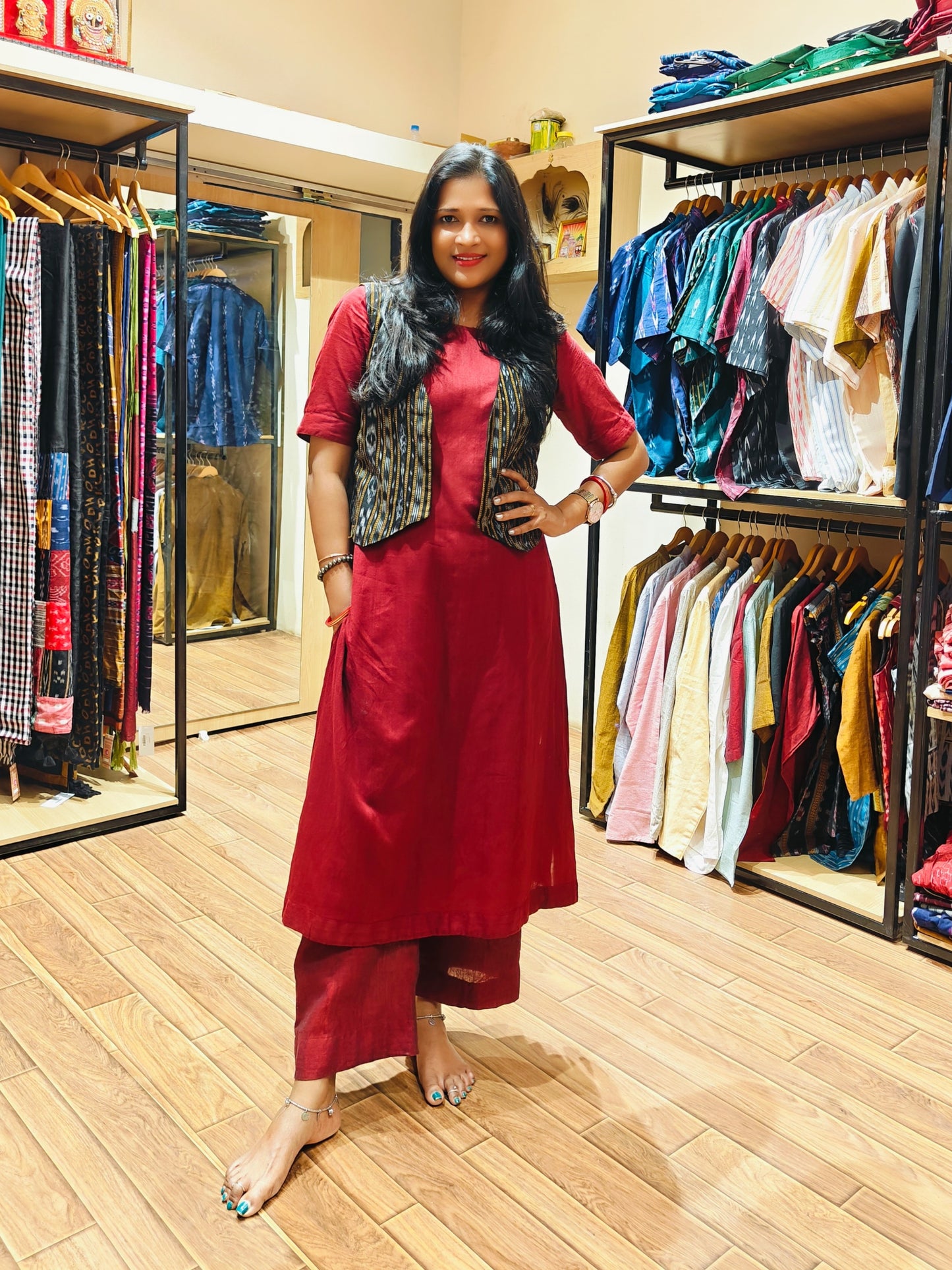 Handloom Maroon Kurta & Jacket Set