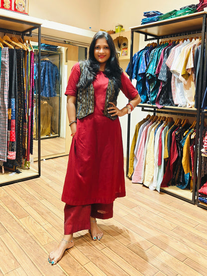 Handloom Maroon Kurta & Jacket Set