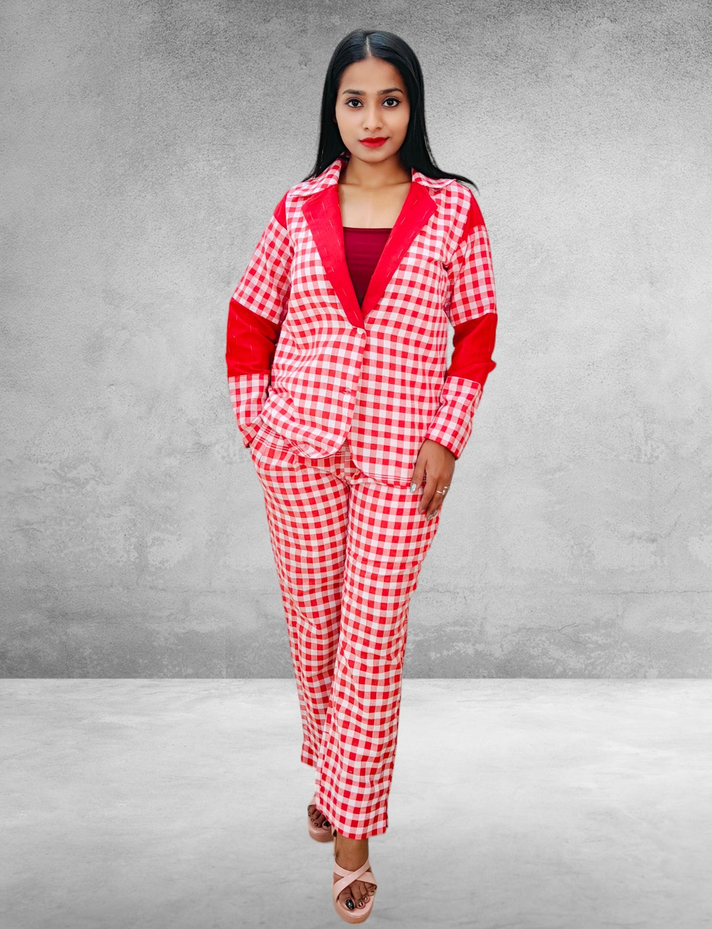 Women Cotton Red Check Blazer Suit