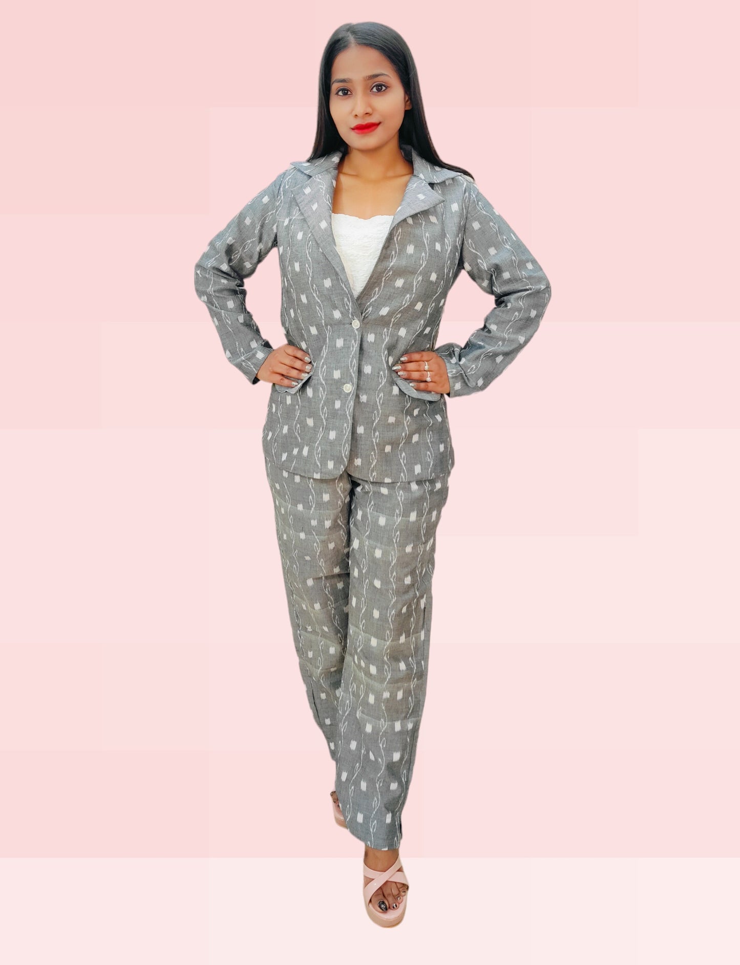 Cotton Women Silver Blazer Suit