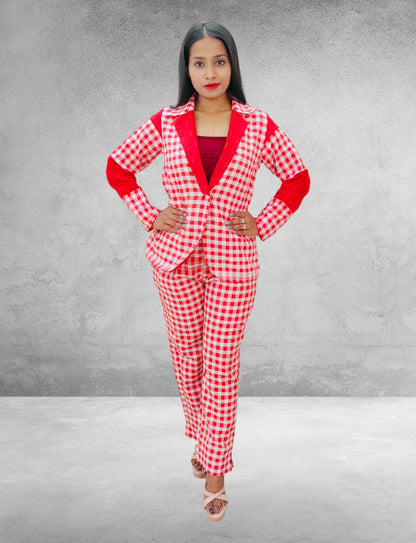 Women Cotton Red Check Blazer Suit