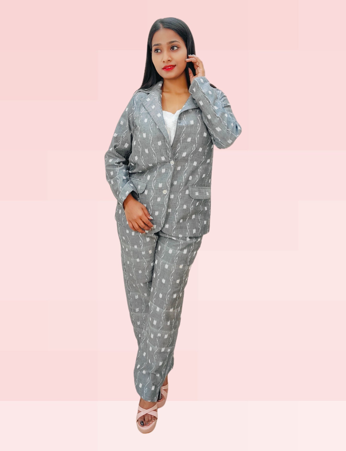 Cotton Women Silver Blazer Suit