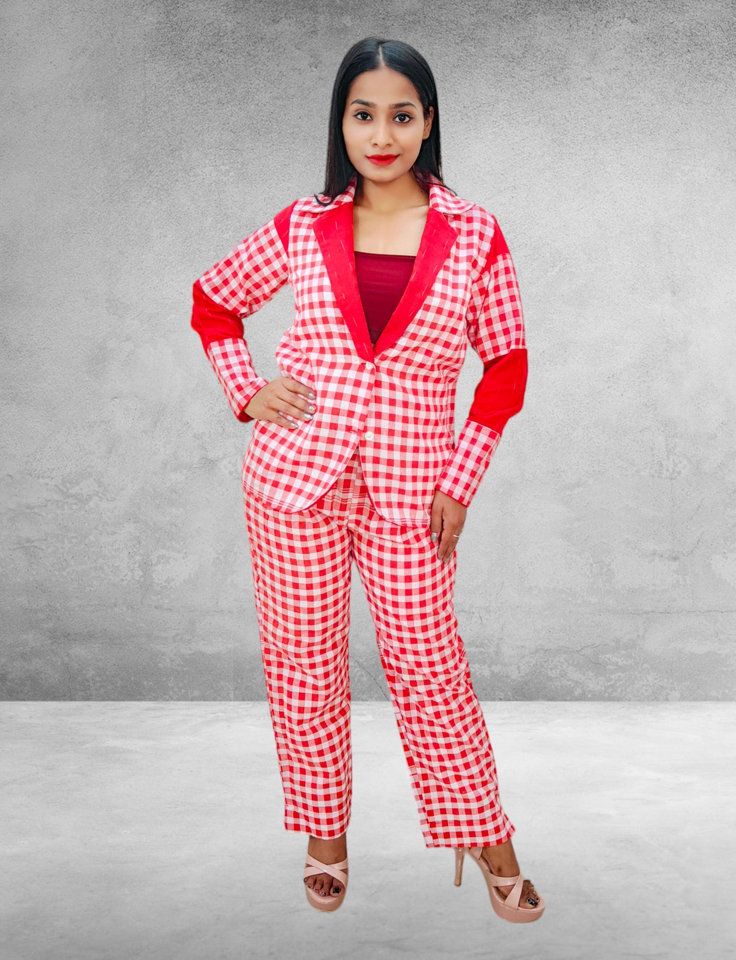 Women Cotton Red Check Blazer Suit