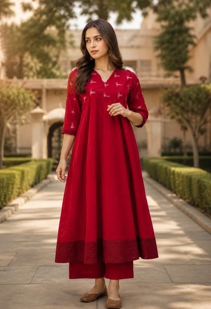 Handloom Red Star Anarkali Kurta Set