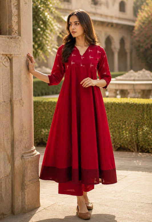 Handloom Red Star Anarkali Kurta Set