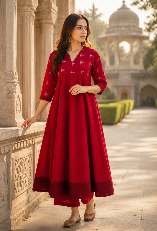 Handloom Red Star Anarkali Kurta Set