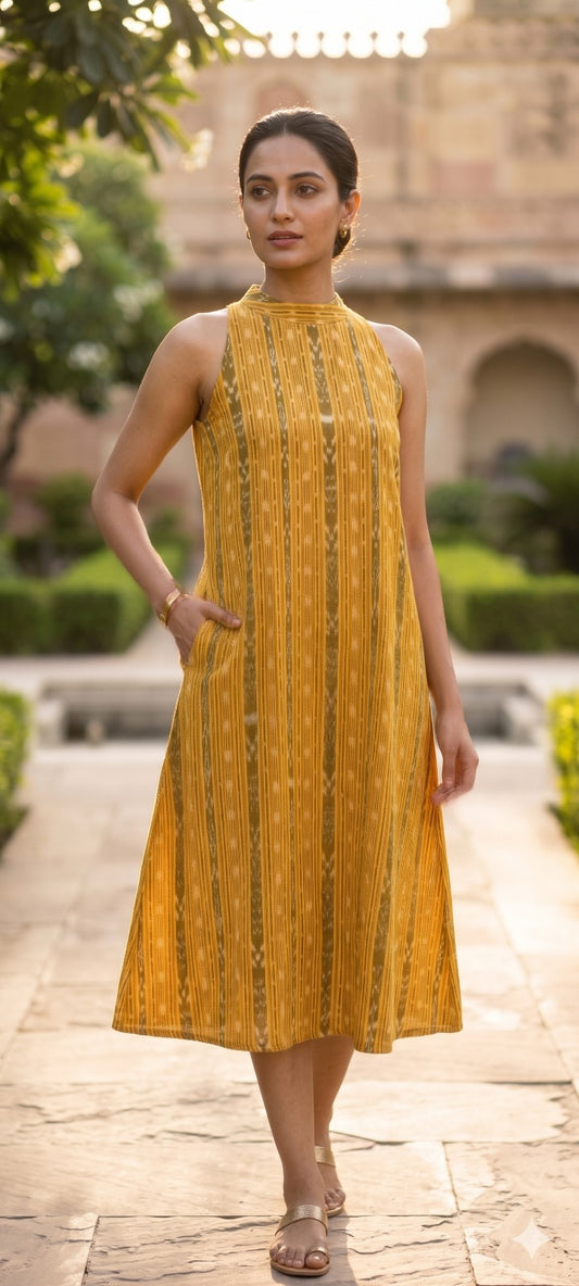 Handloom Yellow Bandha Halter Neck Kurta