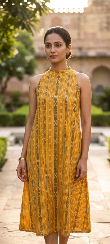 Handloom Yellow Bandha Halter Neck Kurta