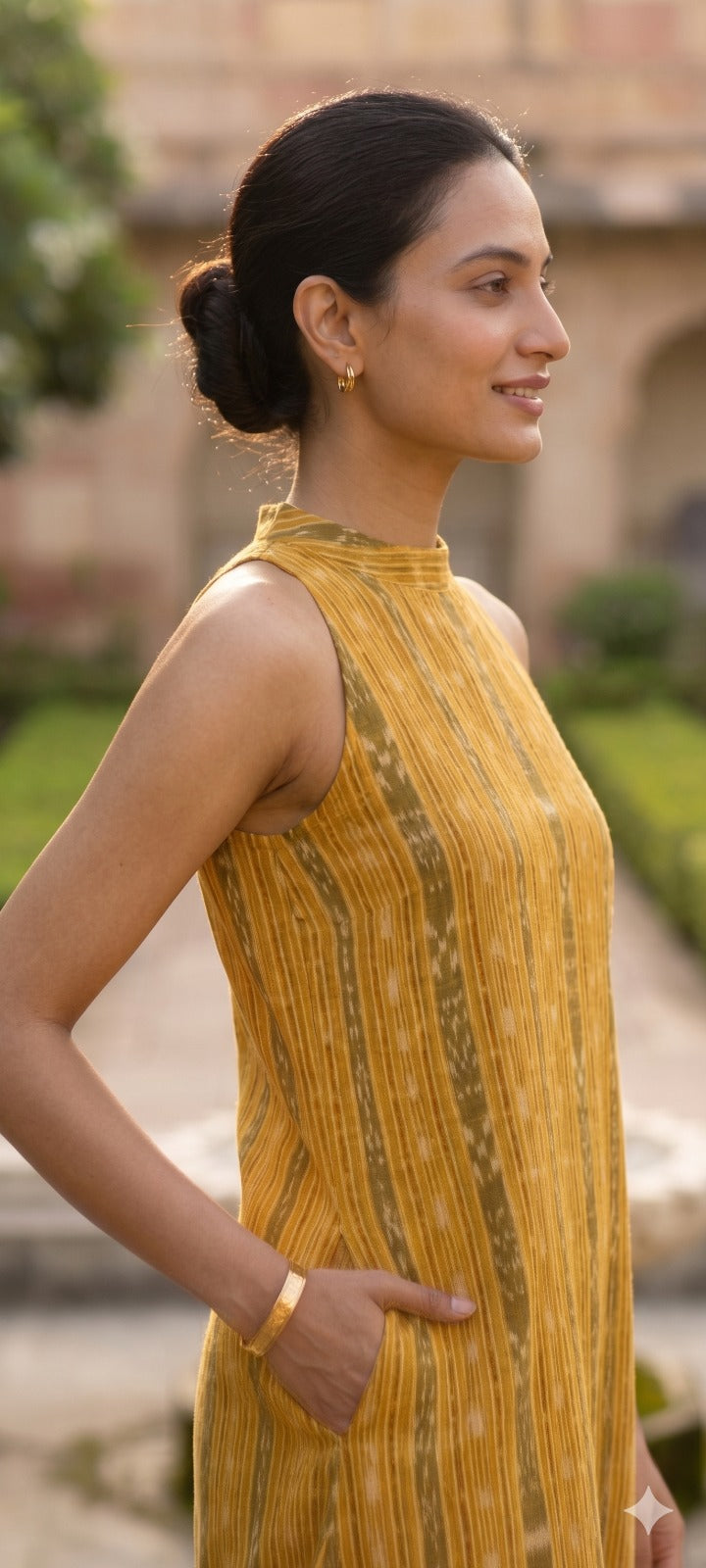 Handloom Yellow Bandha Halter Neck Kurta