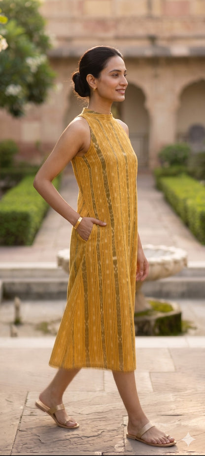 Handloom Yellow Bandha Halter Neck Kurta