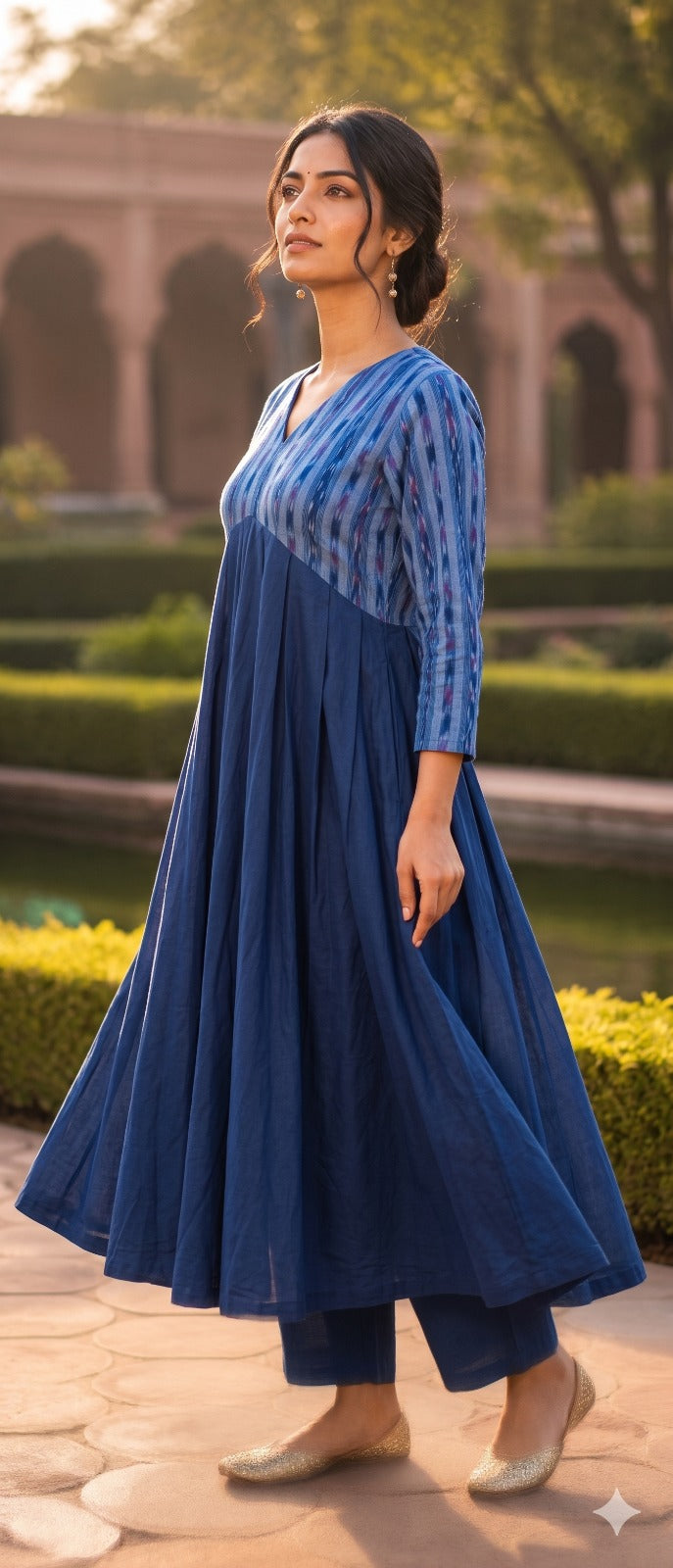 Handloom Stylish Anarkali Blue V Neck Kurta Set