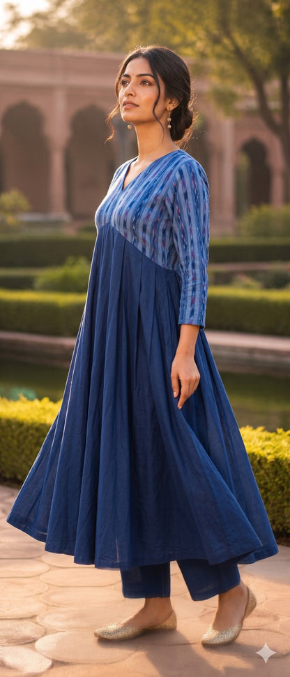Handloom Stylish Anarkali Blue V Neck Kurta Set